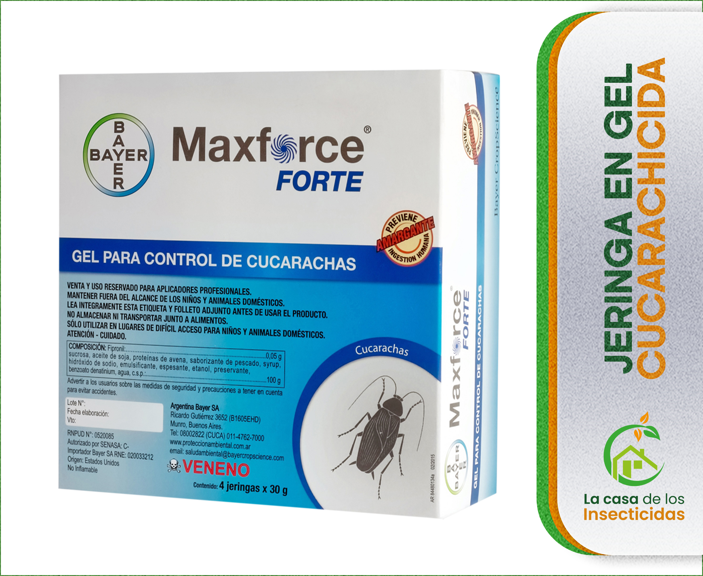Maxforce Forte gel cucarachicida by Bayer. Hecho en USA.
